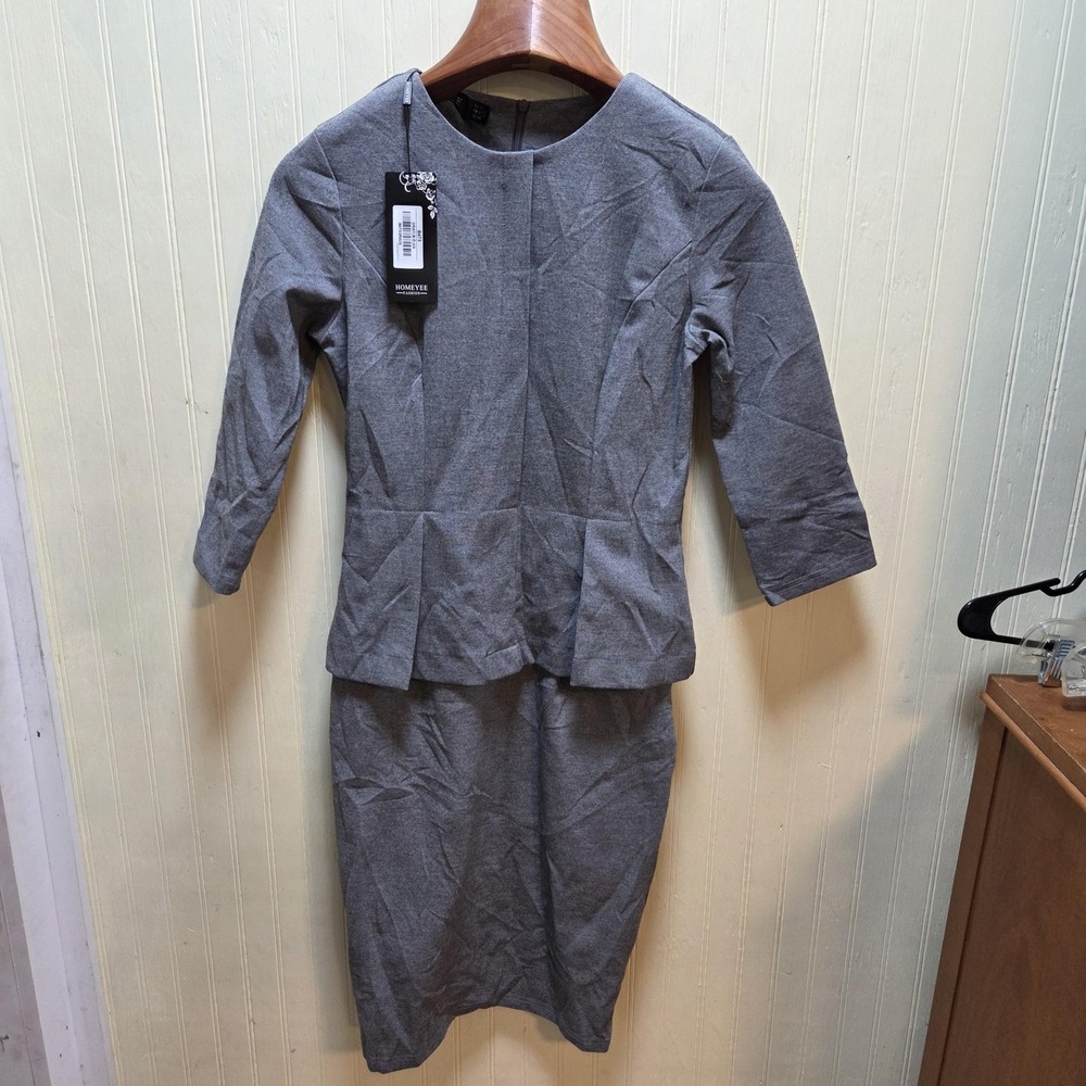 HOMEYEE Dress Womens Small Gray Solid 3/4 Sleeve Round Neck Peplum Sheath